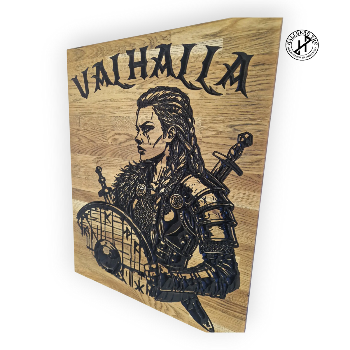 Viking-skilt i eik med skjoldmøy, sett fra siden
