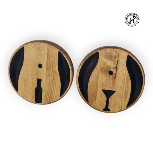 Outlet – "Han og hun"-coasters i furu Ø100 mm | Par-glassbrikker