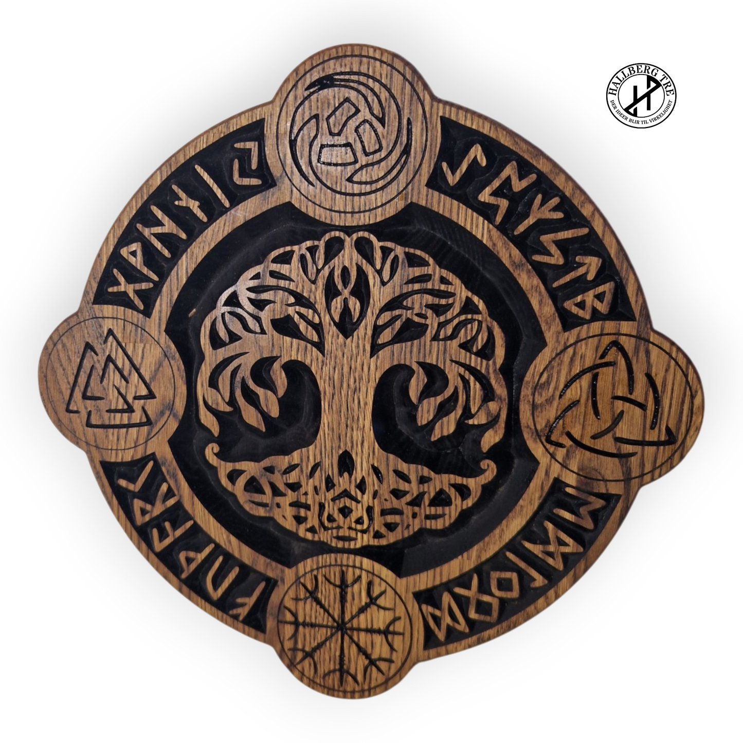 Yggdrasil-fatet – Rundt gryteunderlag & dekorfat i eik Ø300 mm | Viking Fjøla