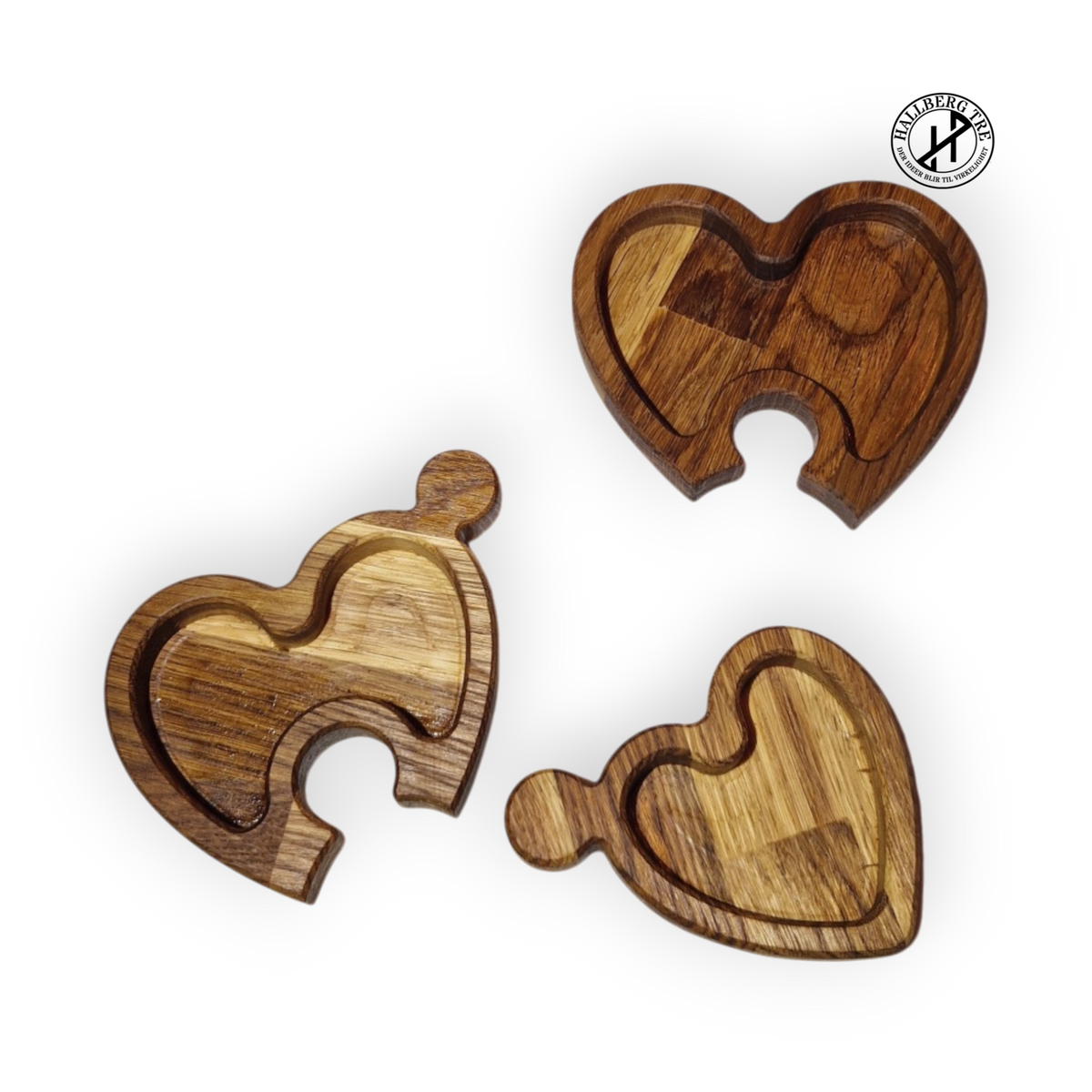 Puslehjerte i massiv eik, dekorfat i tre deler 300 × 190 mm