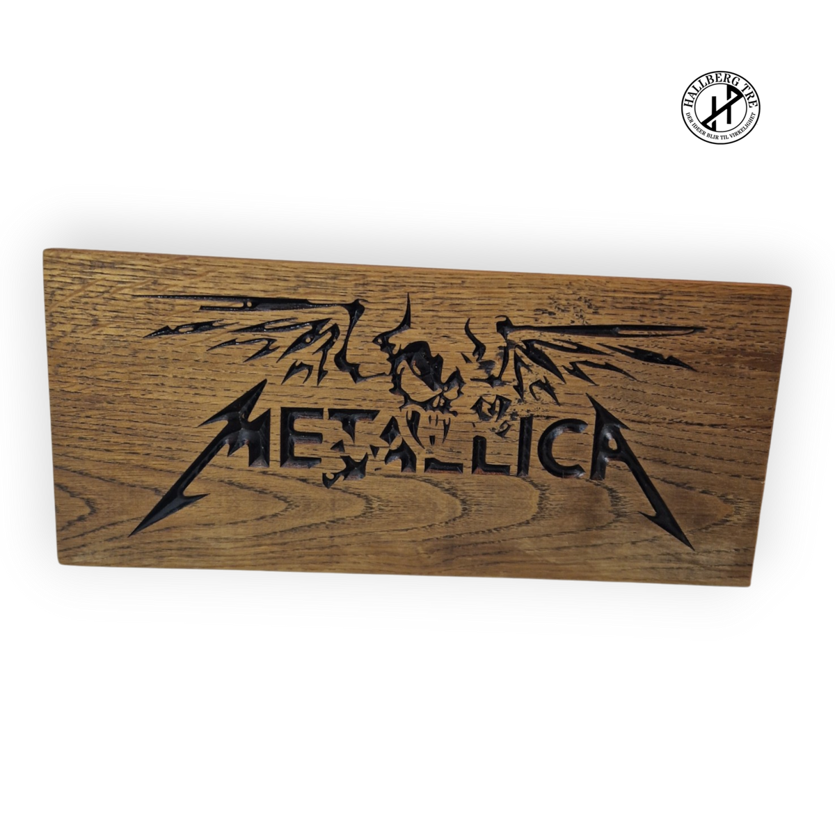 Metallica-skilt CNC-frest i 15 mm massiv eik, 290 × 115 mm